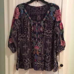 Johnny Was Navy blue embroidered top